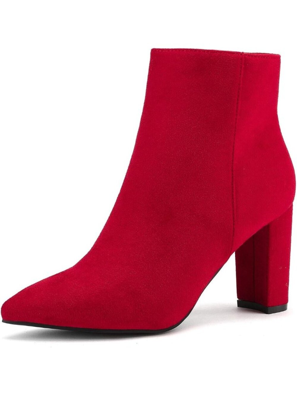 Women's Red Chunky Heel Short Boot Ankle Pointed Toe Rubber Sole Side Zipper